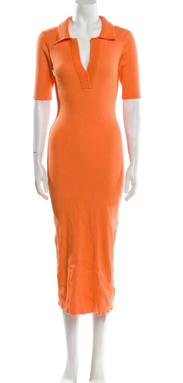 Caroline Constas Women's Knit Maxi Dress Ribbed Collar Short Sleeve Orange - L